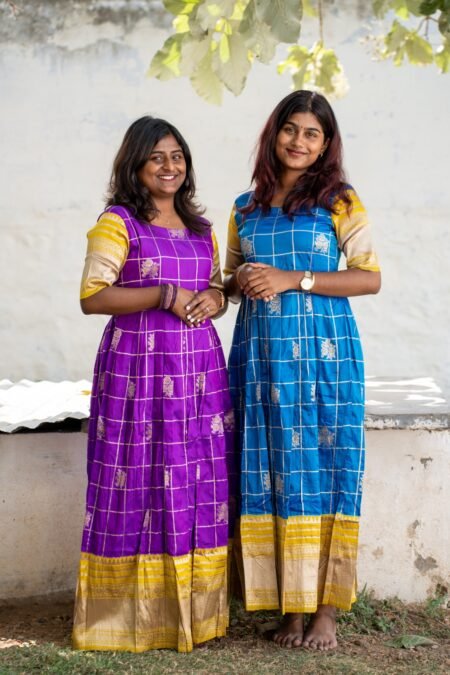 Silk long gown with golden checks and yellow border