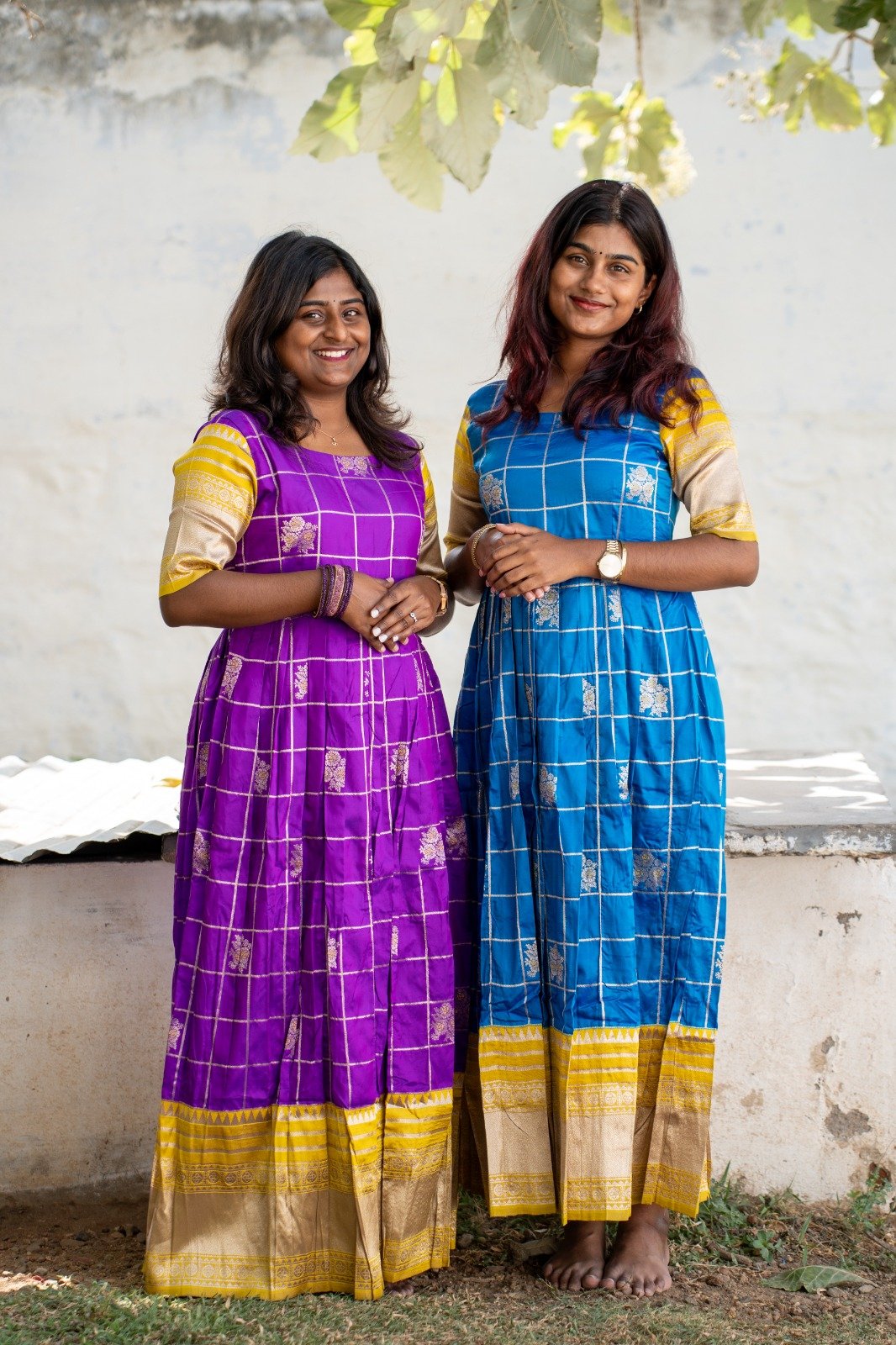 Silk long gown with golden checks and yellow border